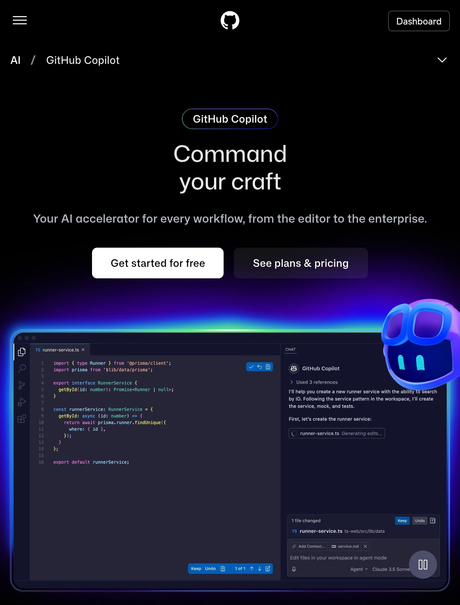 GitHub Copilot landing page showing the 'Command your craft' slogan and AI chat interface for code generation.