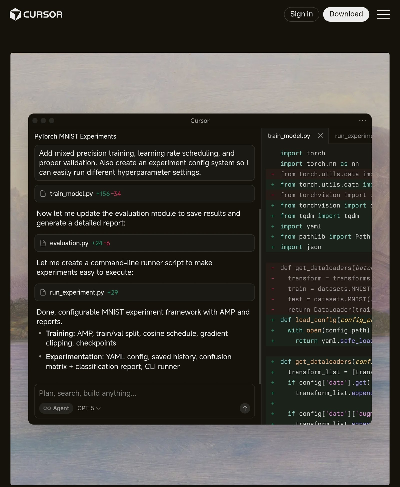 Cursor AI code editor interface demonstrating an AI agent planning and executing complex Python experiments.