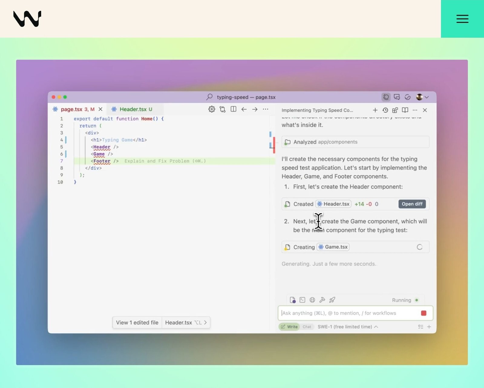 Windsurf Editor by Codeium showing the 'Cascade' AI flow and real-time code suggestions in a multi-file project.