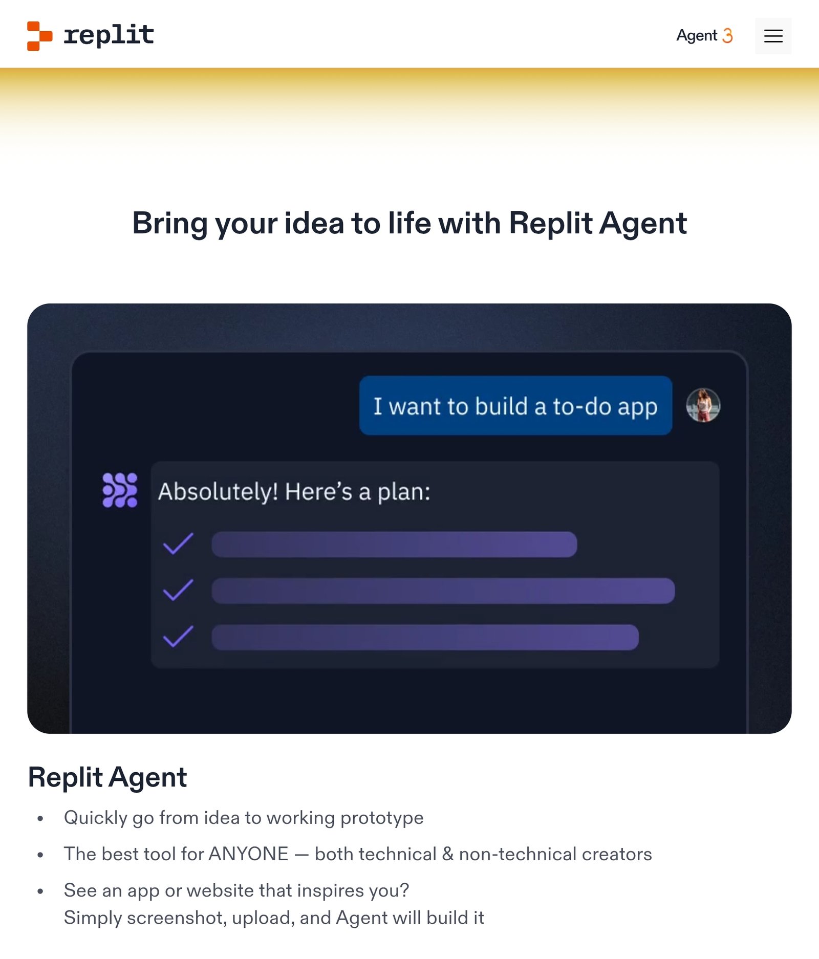 Replit Agent interface showing a user prompt to build a to-do app with a step-by-step AI-generated plan.