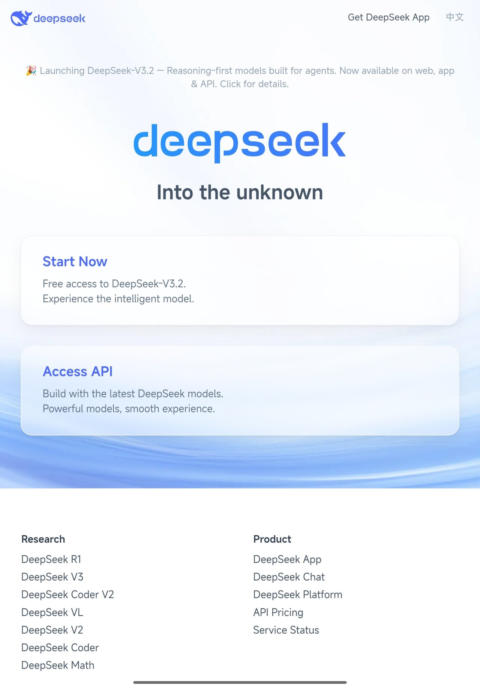 DeepSeek official website showcasing access to the DeepSeek-V3.2 reasoning-first AI models for developers.