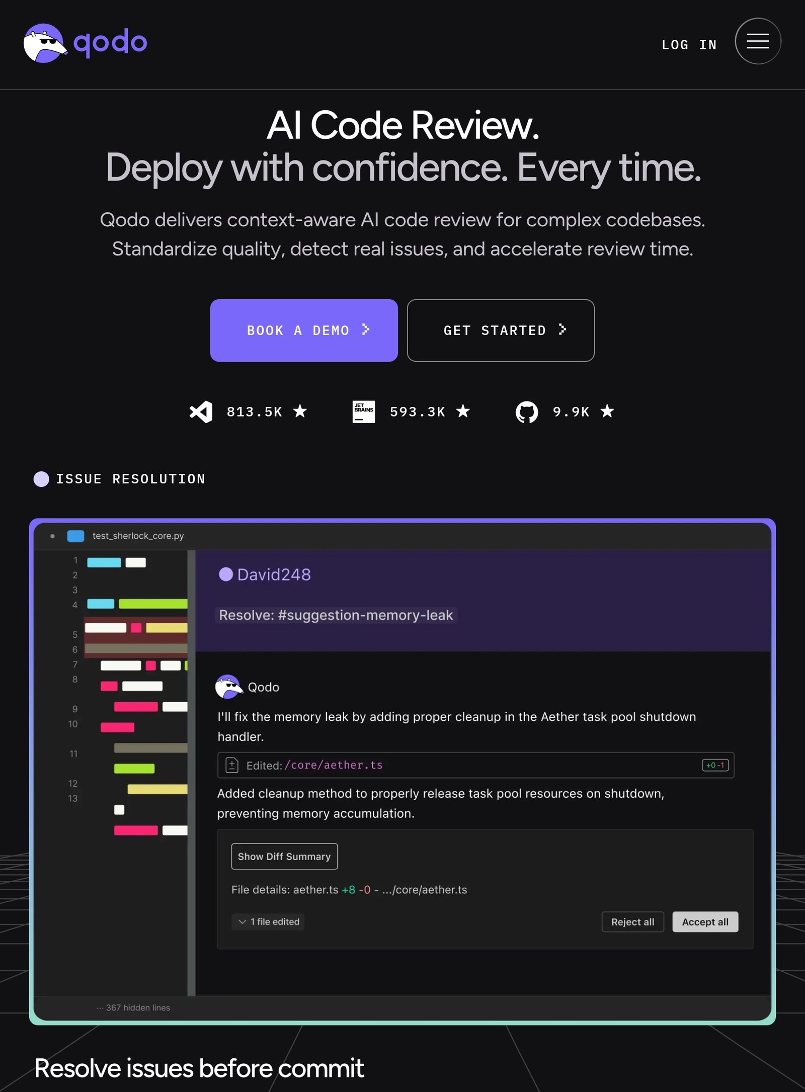 Qodo AI code review dashboard showing automated issue resolution and memory leak detection in a codebase.